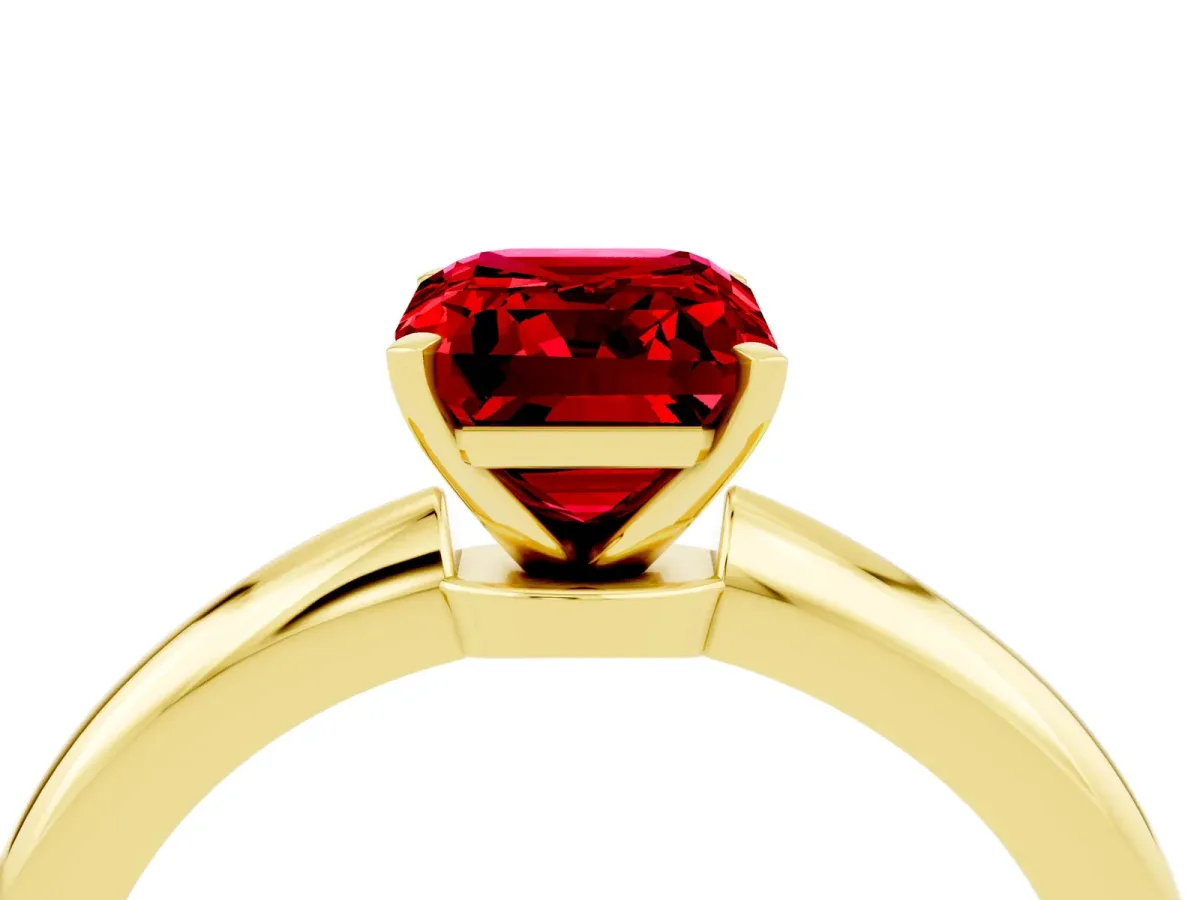 Emerald Cut Ruby Solitaire Ring with Six-Prong Setting and Classic Band Yellow gold
