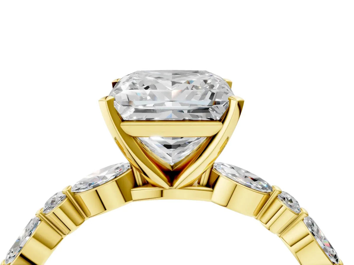 Princess Cut Diamond Ring with Marquise and Round Side Stones and Four-Prong Setting Yellow gold