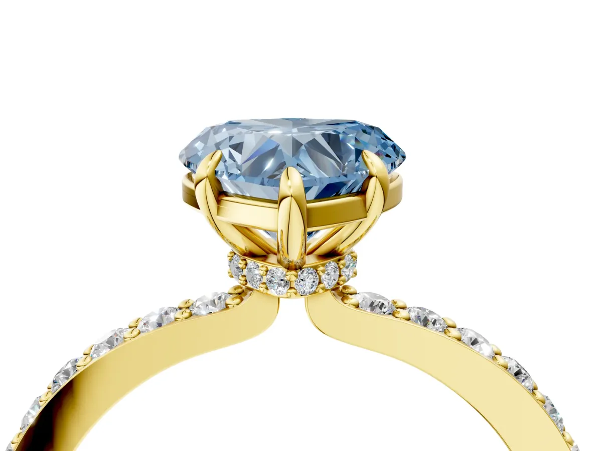 Fancy Blue Heart Cut Diamond Solitaire Engagement Ring with Pavé Band and Four-Prong Setting Yellow gold