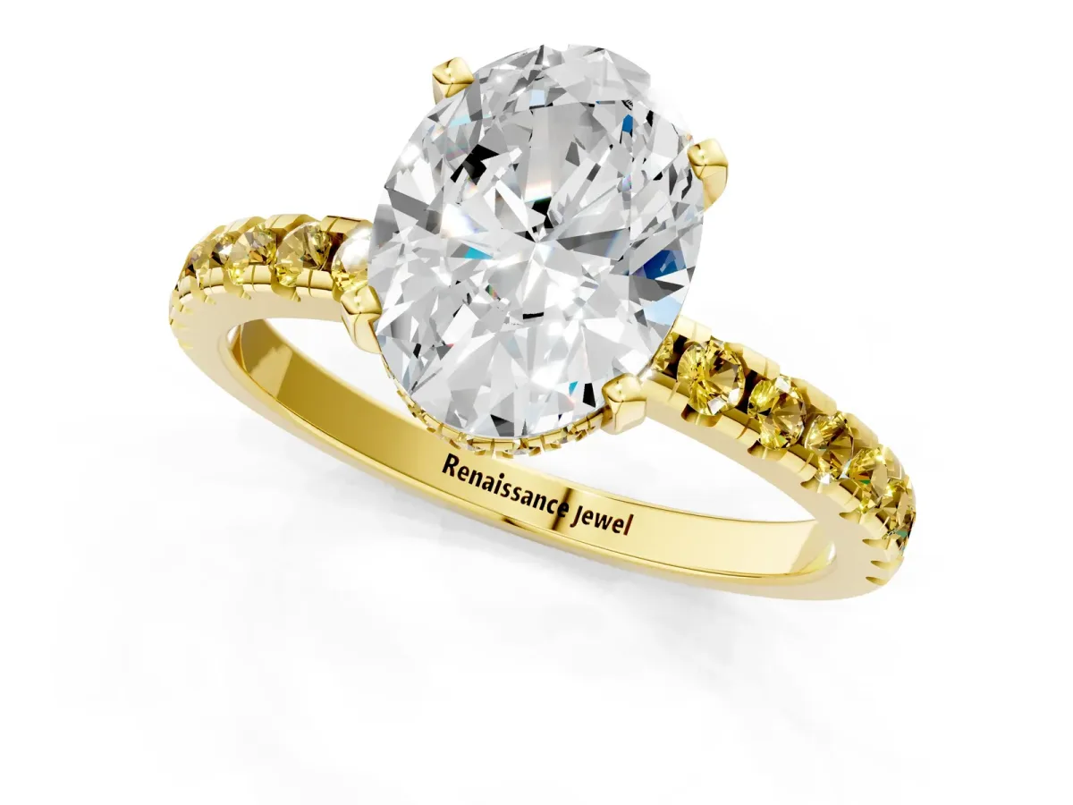 Oval Cut Diamond Solitaire Ring with Round Yellow Sapphire Pavé Band and Four-Prong Setting Yellow gold