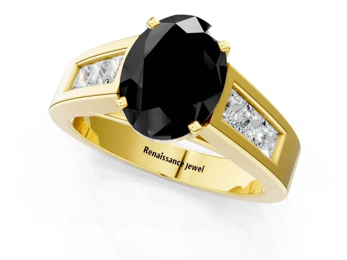 Fancy Black Oval Cut Cut Channel Set Solitaire Ring with Four-Prong Setting Yellow gold