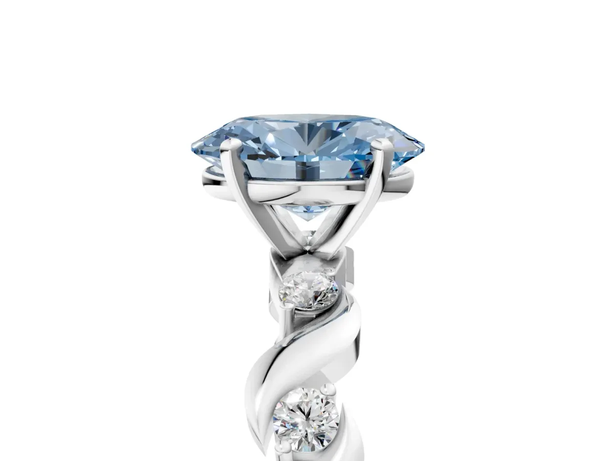 Fancy Blue Oval Cut Diamond Solitaire Twisted Band with Round Accents and Prong Setting Silver