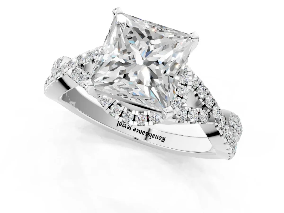 Princess Cut Diamond Moissanite Halo Twist Band Solitaire Prong Setting Ring White gold