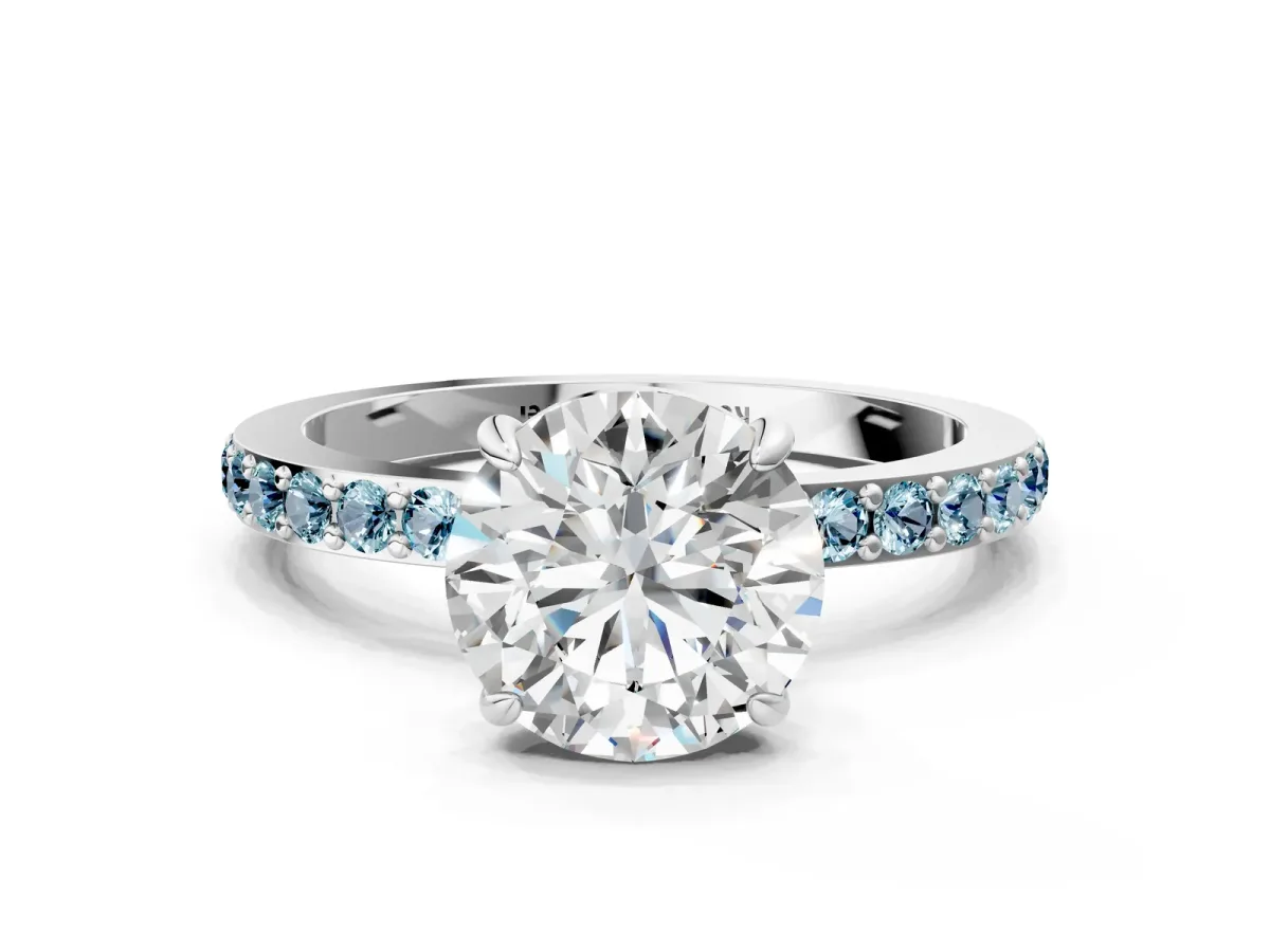 Round Cut Diamond Pavé Engagement Ring with Round Tanzanite Accents and Prong Setting White gold