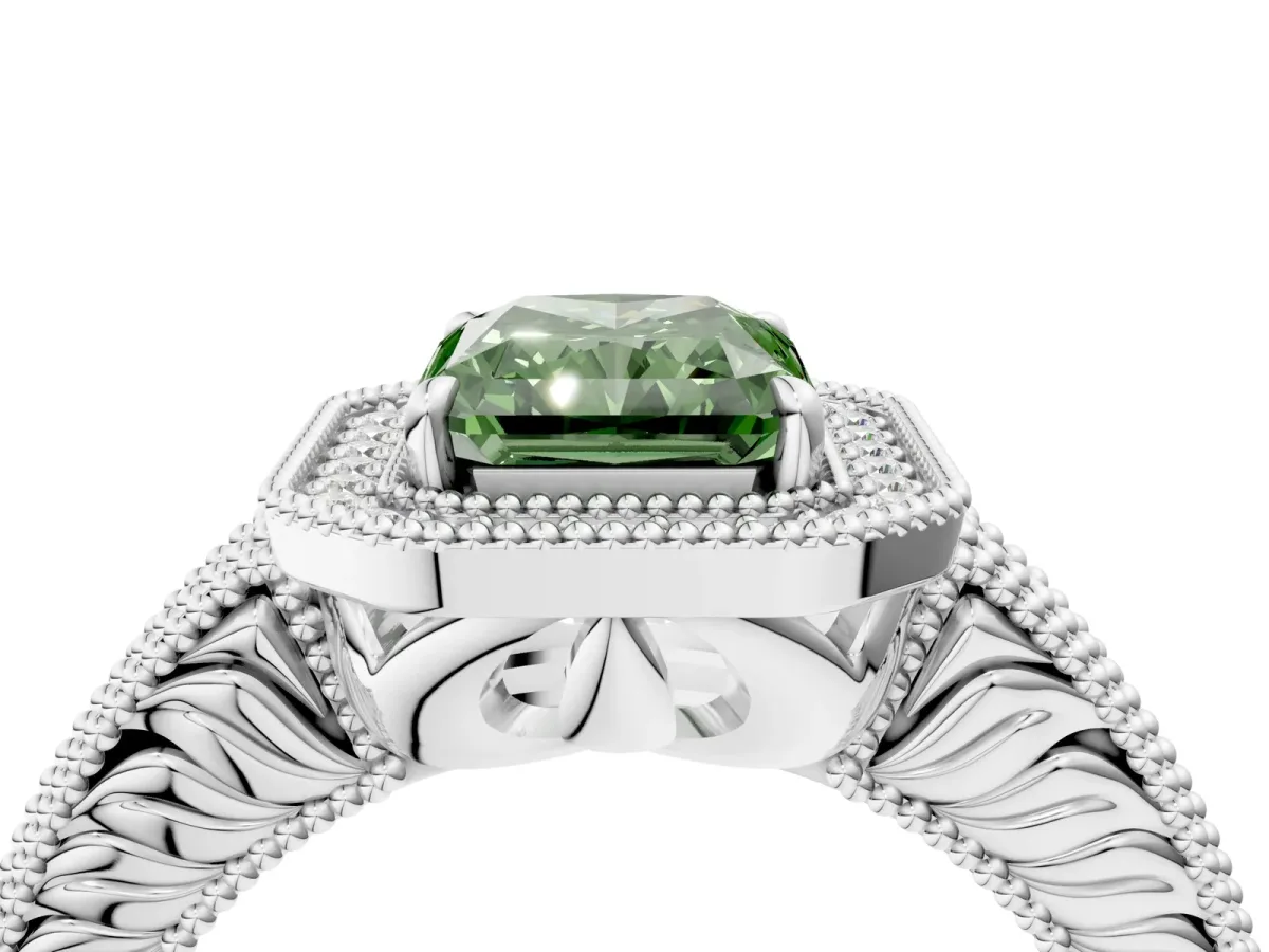 Fancy Green Radiant Cut Cut Halo Diamond Ring with Pavé Band and Four-Prong Setting Platinum