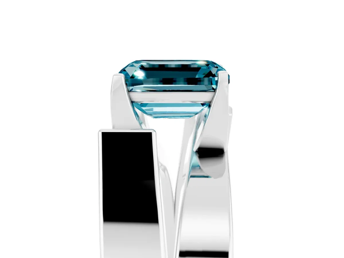 Modern Tension Set Emerald Cut Blue Topaz Solitaire Wide Band Ring Platinum