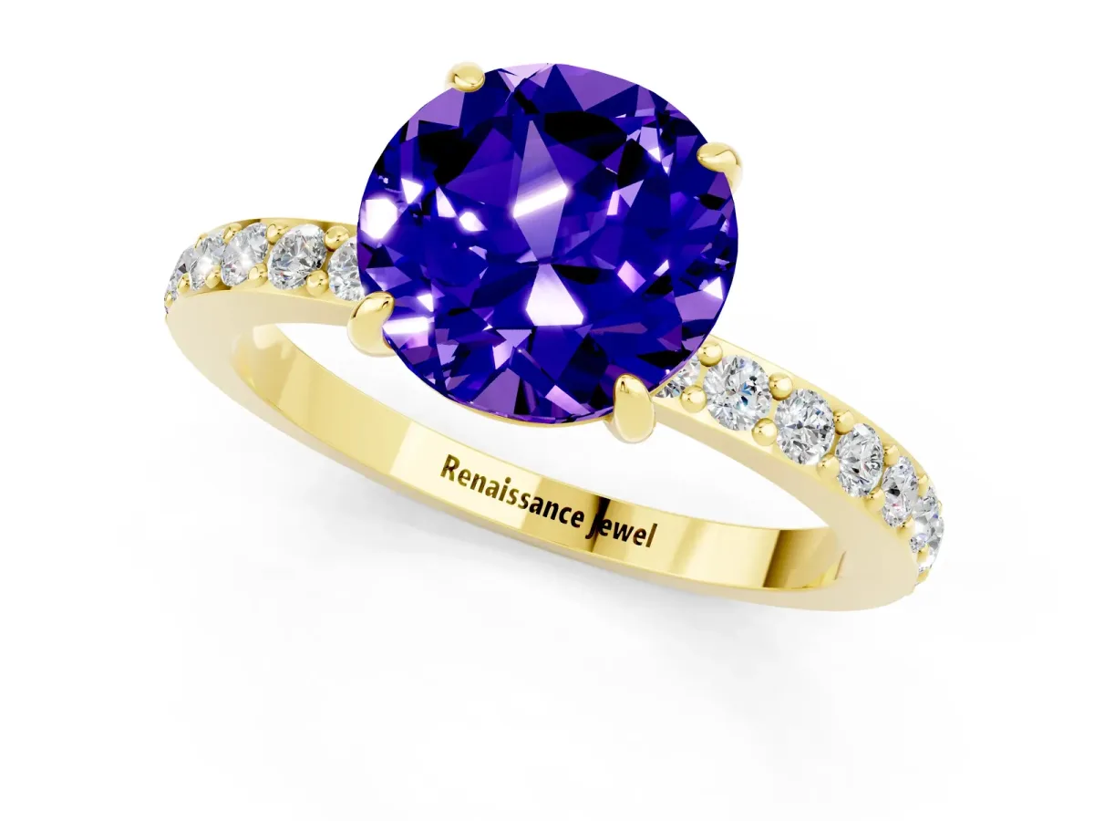 Round Cut Tanzanite Solitaire Engagement Ring with Pavé Band and Four-Prong Setting Yellow gold