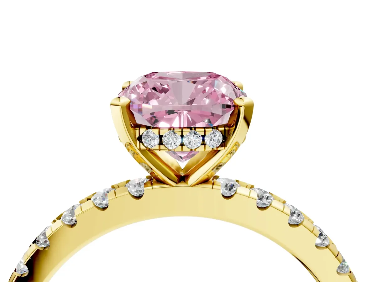 Fancy Pink Cushion Cut Diamond Solitaire Ring with Round Pavé Band and Four-Prong Setting Yellow gold