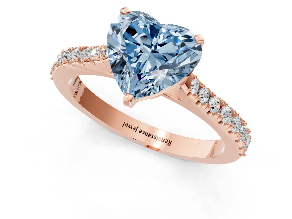Fancy Blue Heart Cut Cut Solitaire Diamond Engagement Ring with Pave Band and Four-Prong Setting Rose gold
