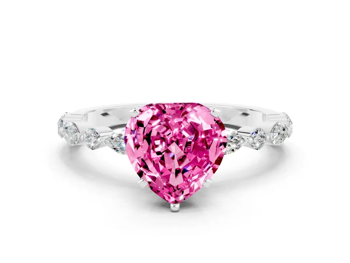 Heart Cut Pink Sapphire Ring with Marquise and Round Side Stones and Four-Prong Setting White gold