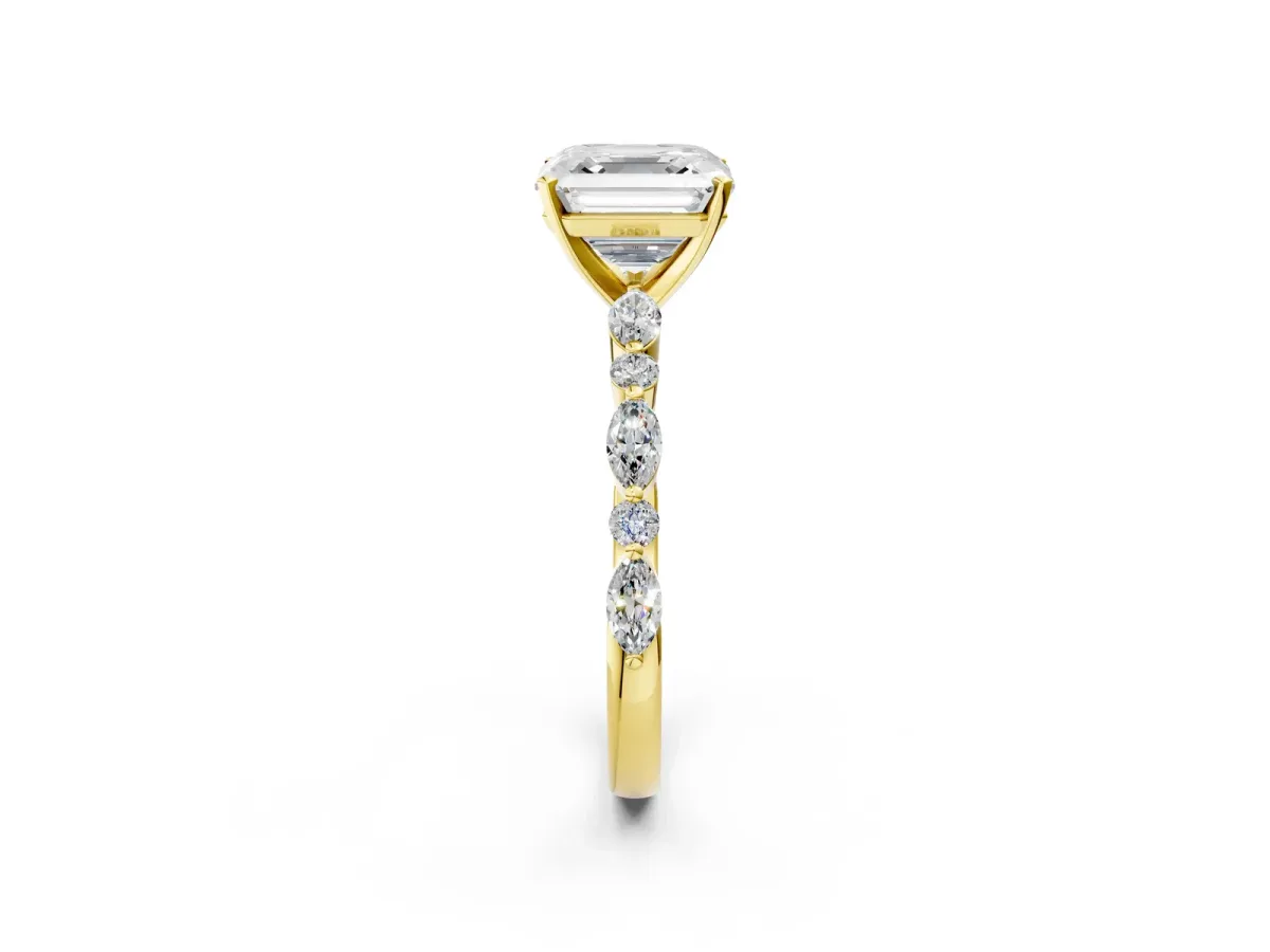 Asscher Cut Diamond Ring with Marquise and Round Side Stones and Four-Prong Setting Yellow gold