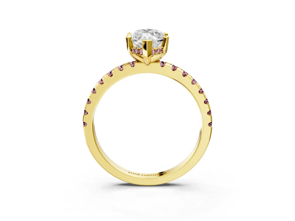 Marquise Cut Diamond Solitaire Ring with Round Morganite Pavé Band and Four-Prong Setting Yellow gold