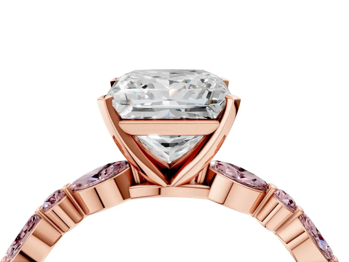 Princess Cut Diamond Ring with Marquise and Round Morganite Side Stones and Four-Prong Setting Rose gold