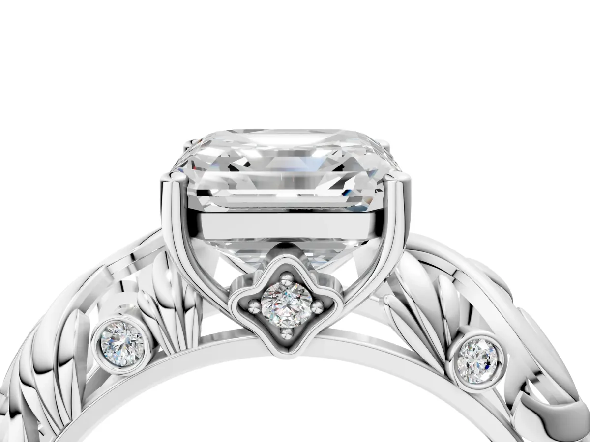 Asscher Cut Solitaire Diamond Leaf-Inspired Vine Band Ring with Prong Setting Platinum