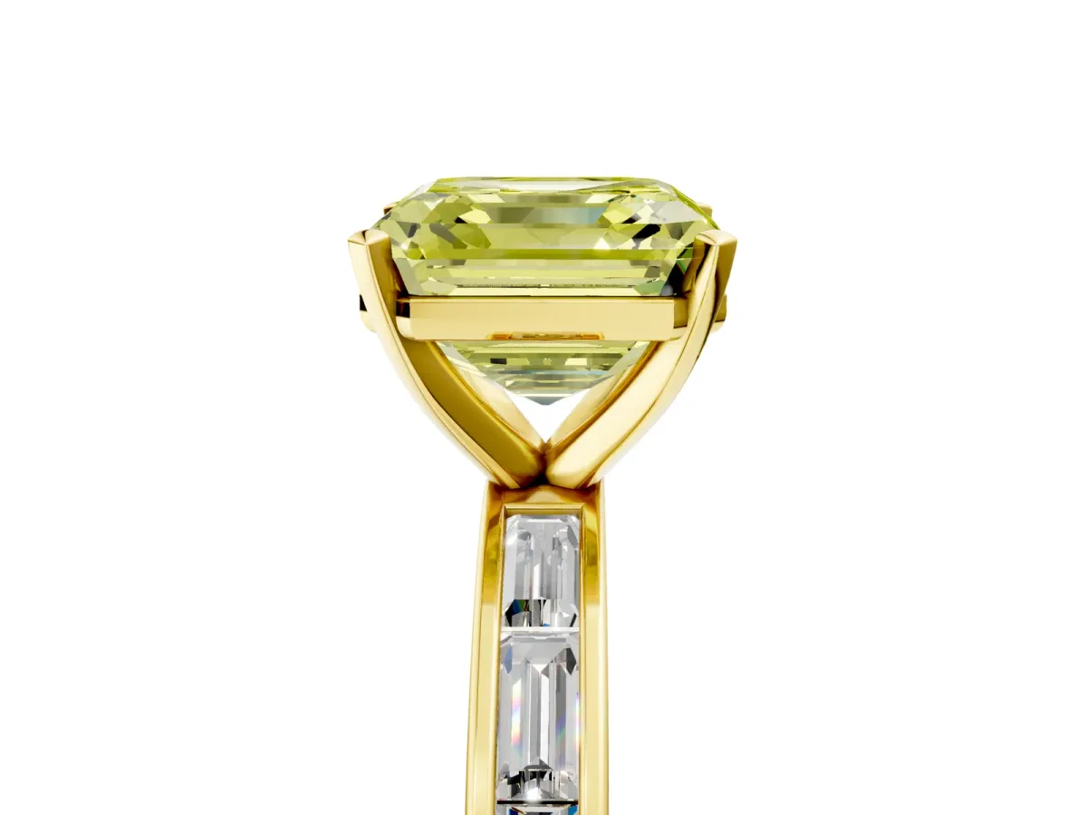 Fancy Yellow Asscher Cut Solitaire Diamond Ring with Channel-Set Baguette Band and Four-Prong Setting Yellow gold