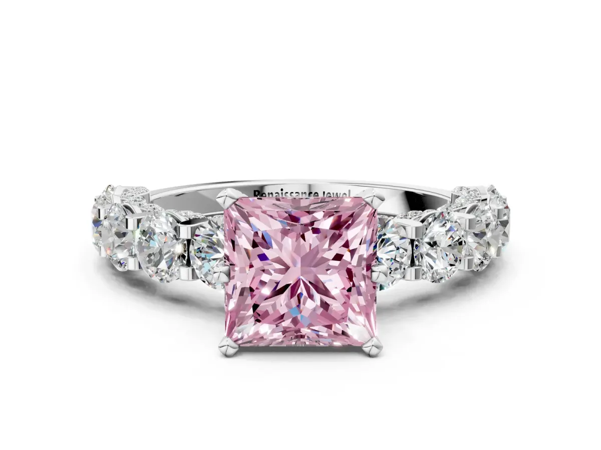 Fancy Pink Princess Cut Diamond Side Stone Engagement Ring with Four-Prong Setting White gold