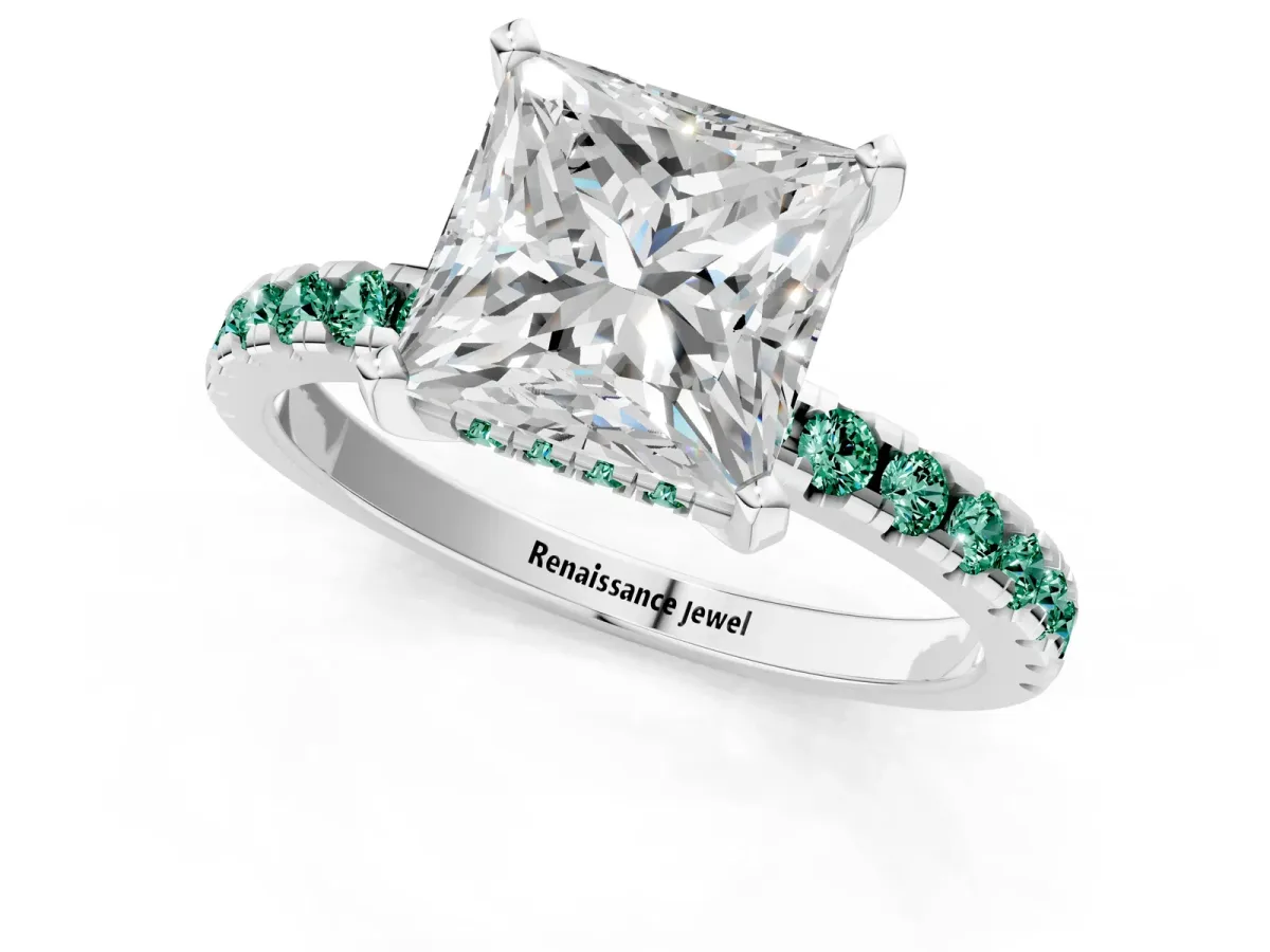 Princess Cut Diamond Solitaire Ring with Round Green Sapphire Pavé Band and Four-Prong Setting White gold
