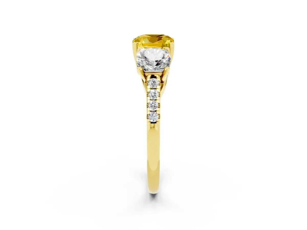 Three-Stone Cushion Cut Yellow Sapphire Ring with Round Pavé Band and Prong Setting Yellow gold