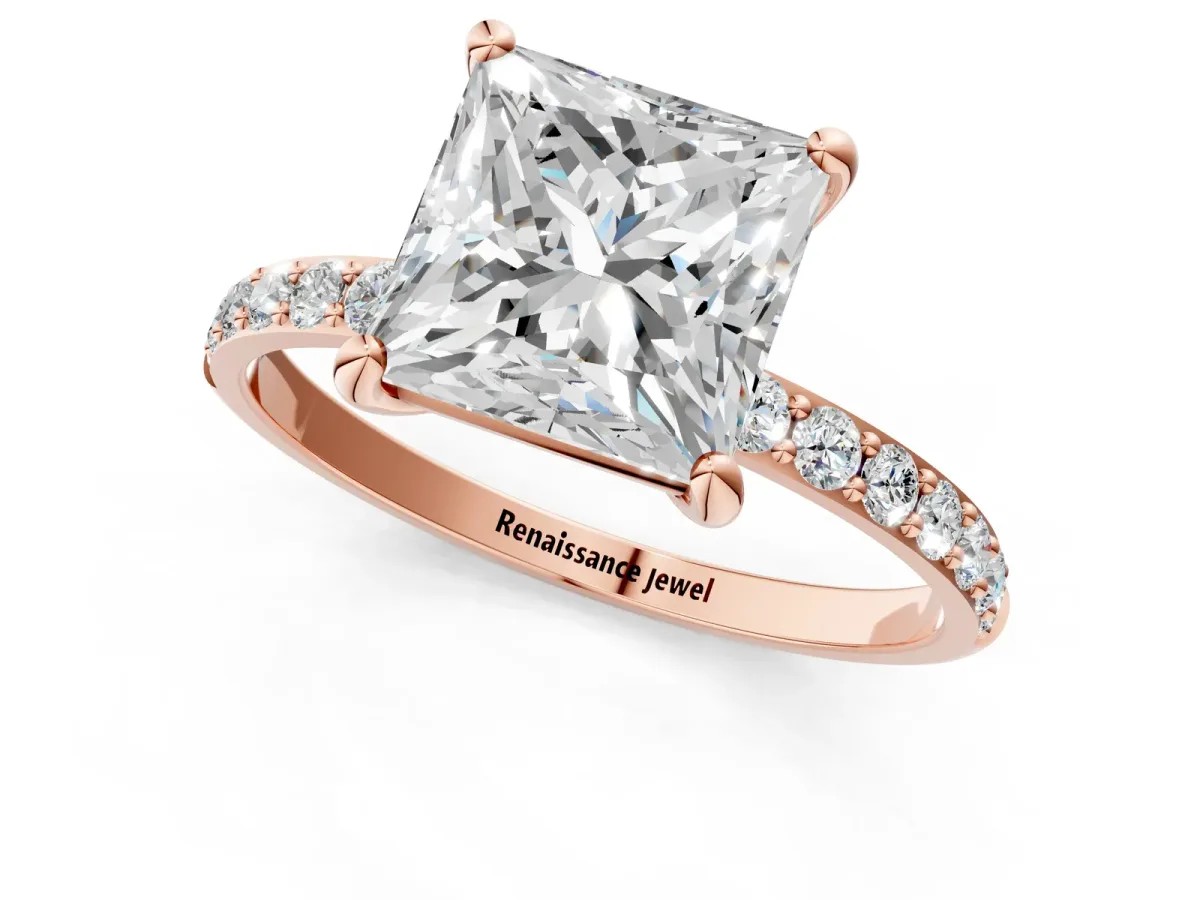 Princess Cut Diamond Solitaire Ring with Round Moissanite Pavé Band and Prong Setting Rose gold