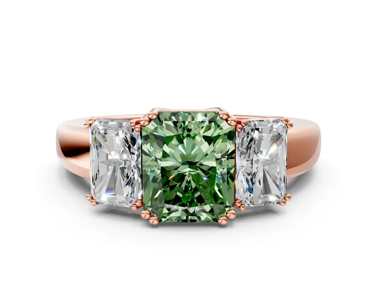 Fancy Green Three-Stone Radiant Cut Cut Diamond Ring with Channel Set Band and Four-Prong Setting Rose gold