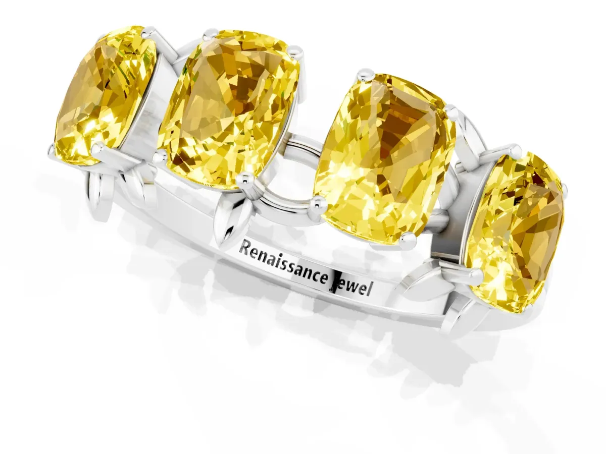Four-Stone Elongated Cushion Yellow Sapphire Band with Nature-Inspired Prong Setting White gold