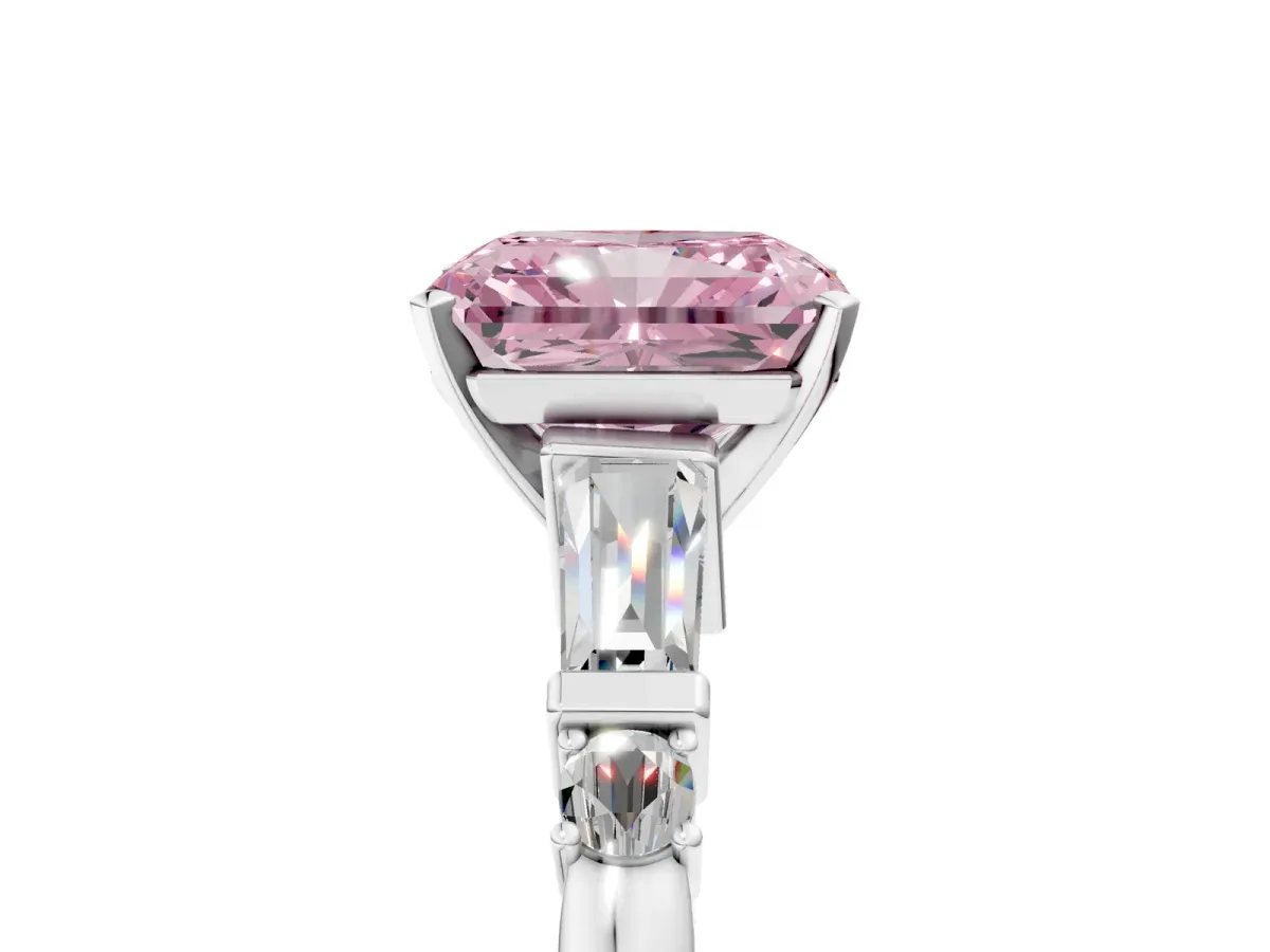 Fancy Pink Radiant Cut Cut Diamond Ring with Baguette Side Stones, Channel Set Band, and Four-Prong Setting Platinum