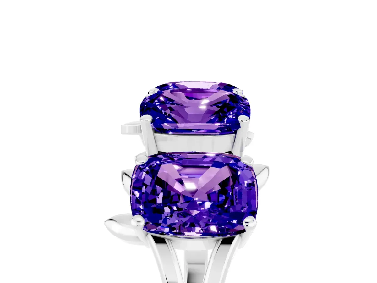 Four-Stone Elongated Cushion Tanzanite Band with Nature-Inspired Prong Setting White gold