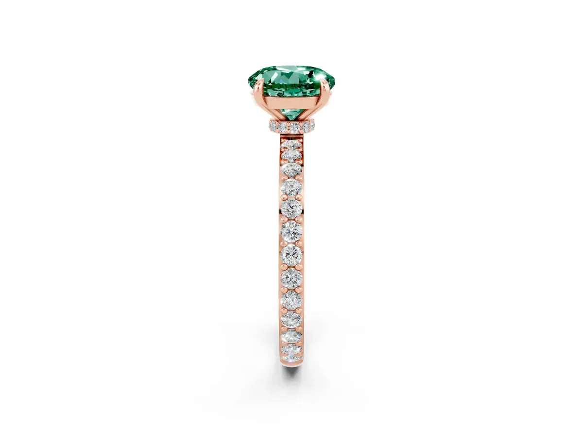 Round Cut Green Sapphire Solitaire Engagement Ring with Pavé Band and Four-Prong Setting Rose gold