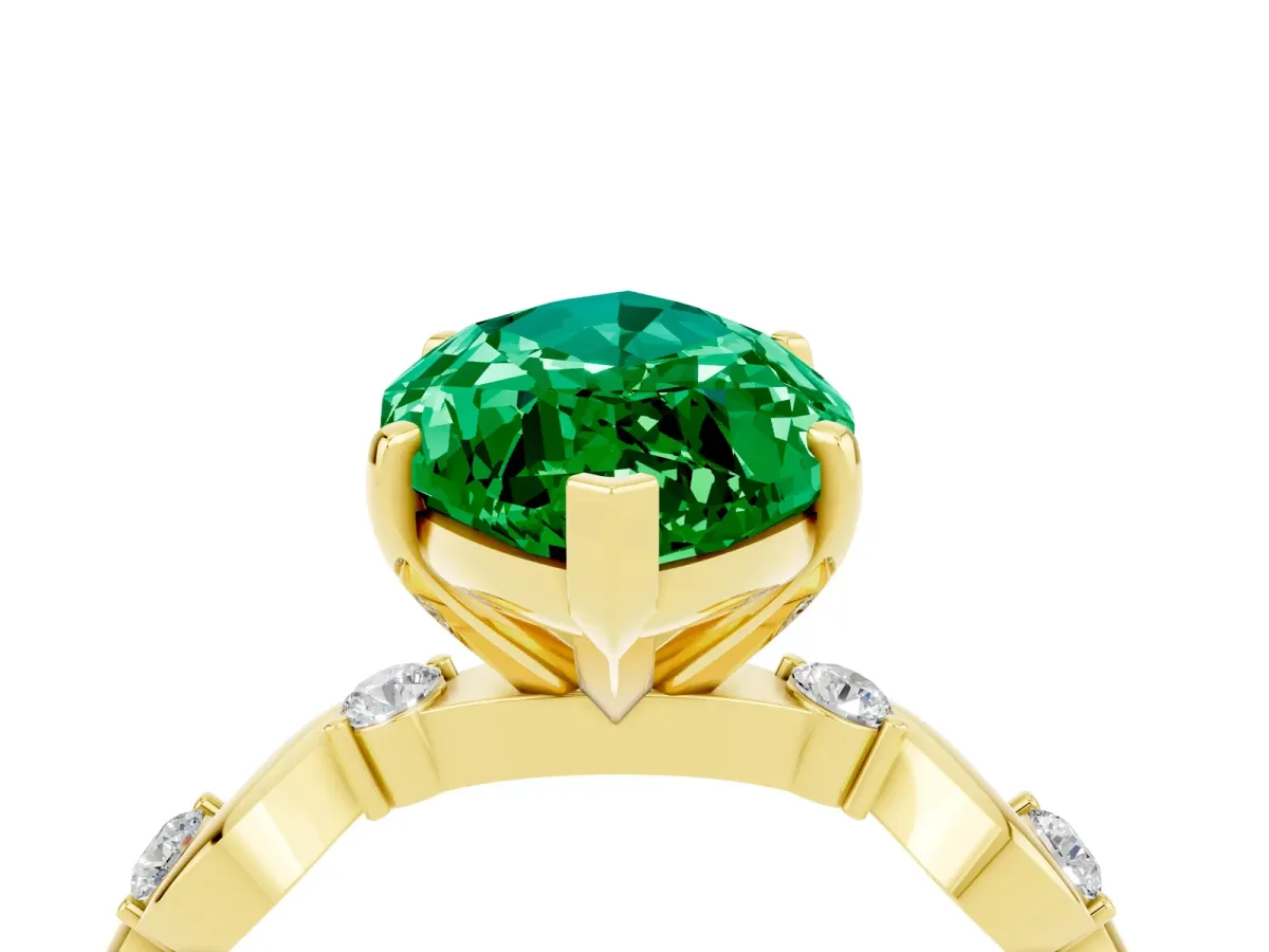 Marquise Cut Emerald Solitaire Twisted Band with Round Accents and Prong Setting Yellow gold