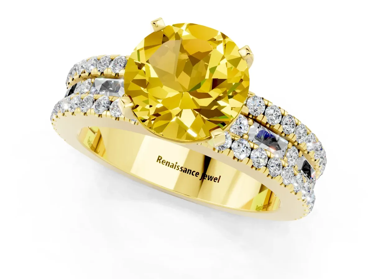 Round Cut Yellow Sapphire Solitaire Ring with Pavé and Channel Set Band Yellow gold