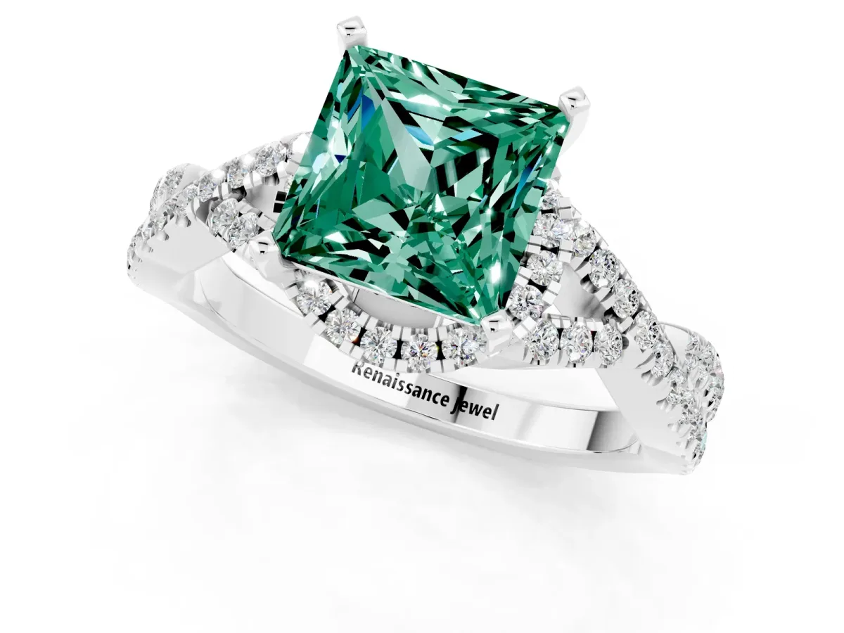 Princess Cut Green Sapphire Halo Twist Band Solitaire Prong Setting Ring White gold