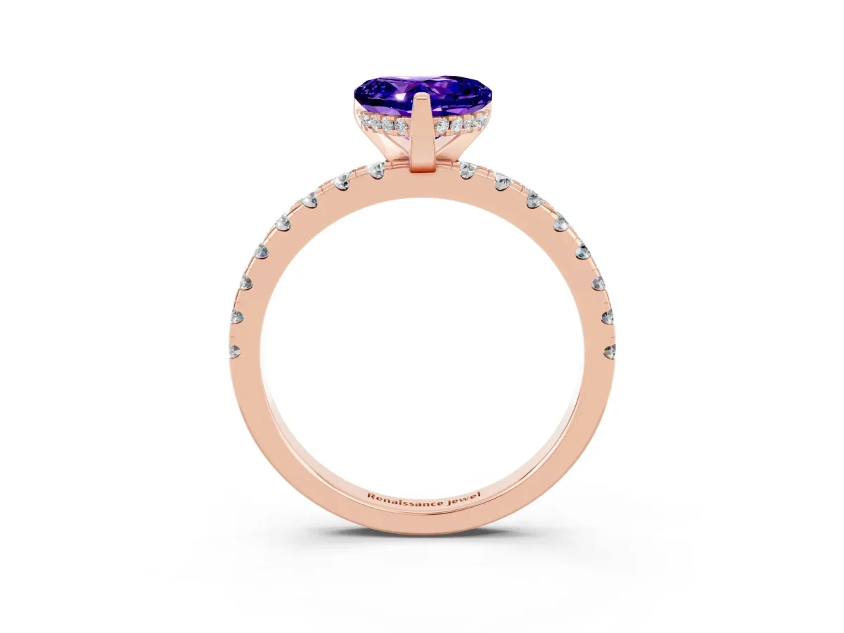 Heart Cut Tanzanite Solitaire Ring with Round Pavé Band and Four-Prong Setting Rose gold