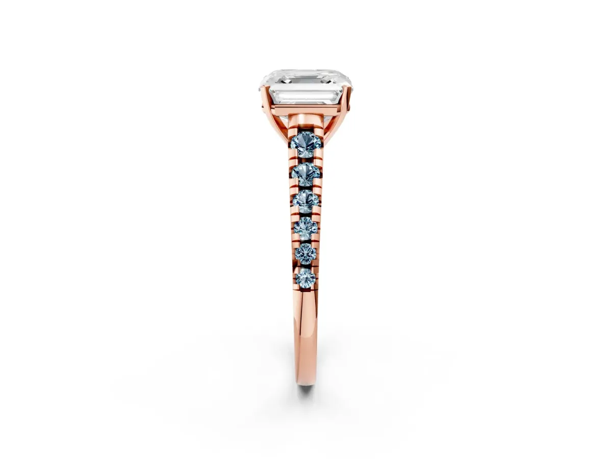 Asscher Cut Diamond Cathedral Solitaire Ring with Round Aquamarine Pavé Band Rose gold