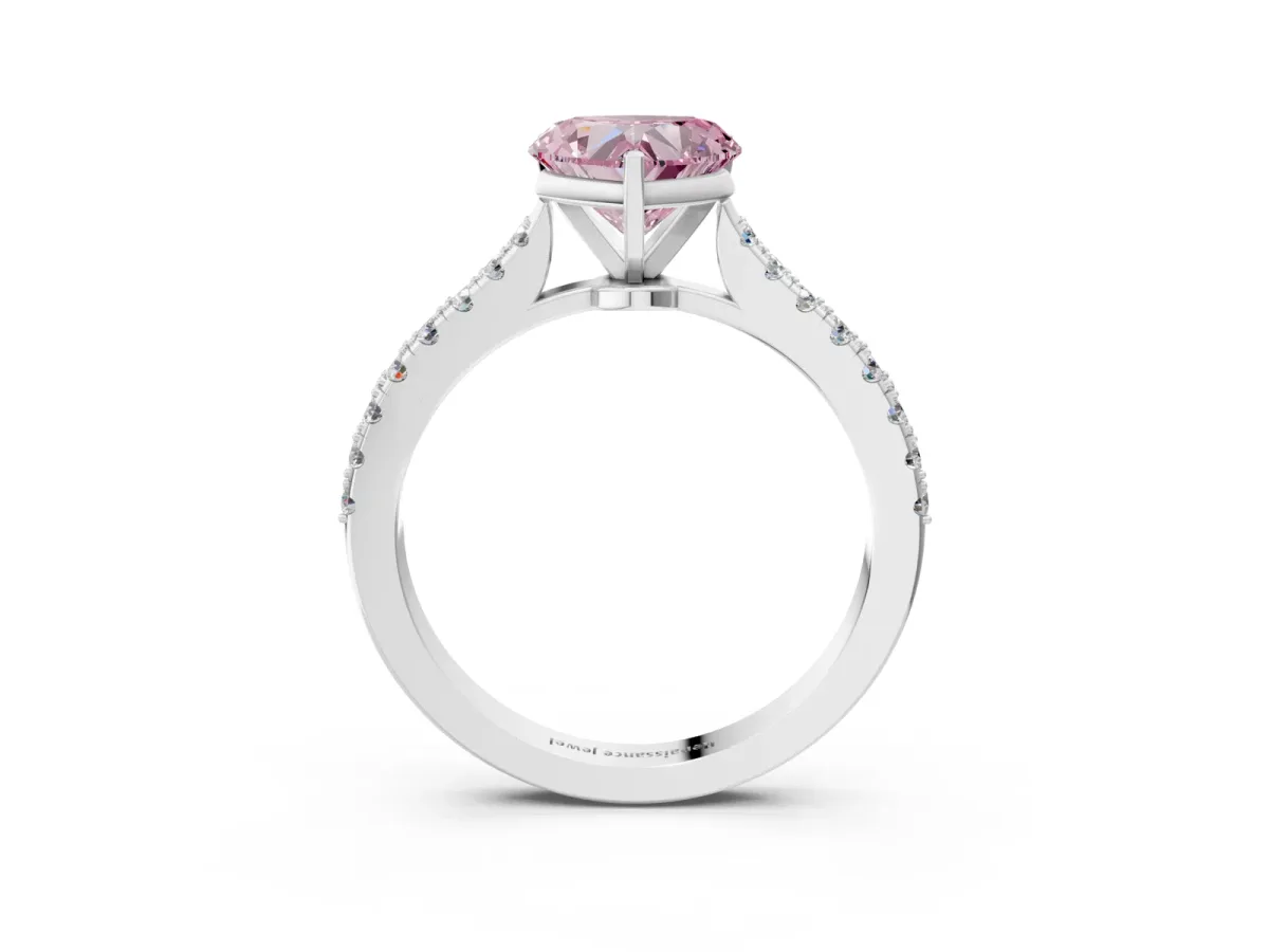 Fancy Pink Heart Cut Cut Solitaire Diamond Engagement Ring with Pave Band and Four-Prong Setting White gold