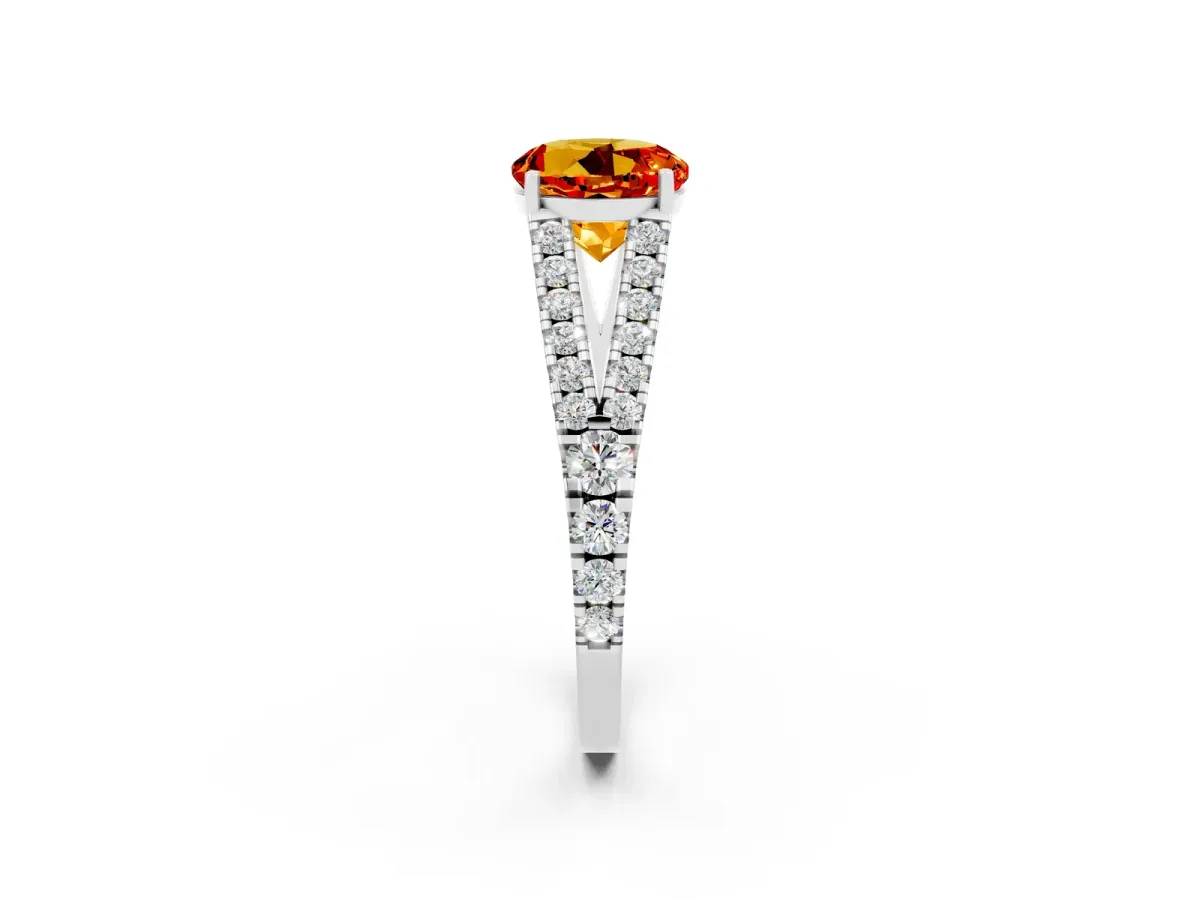 Round Cut Citrine Split Shank Engagement Ring with Round Pavé and Prong Setting Platinum
