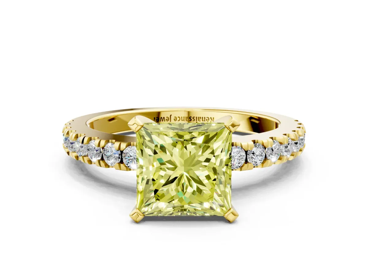 Fancy Yellow Princess Cut Solitaire Diamond with Pavé Band and Four-Prong Setting Yellow gold
