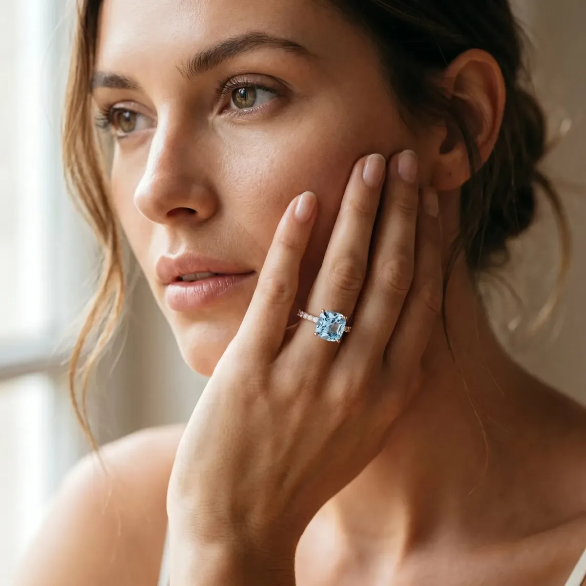 Cushion Cut Aquamarine Solitaire Ring with Round Pavé Band and Four-Prong Setting Rose gold
