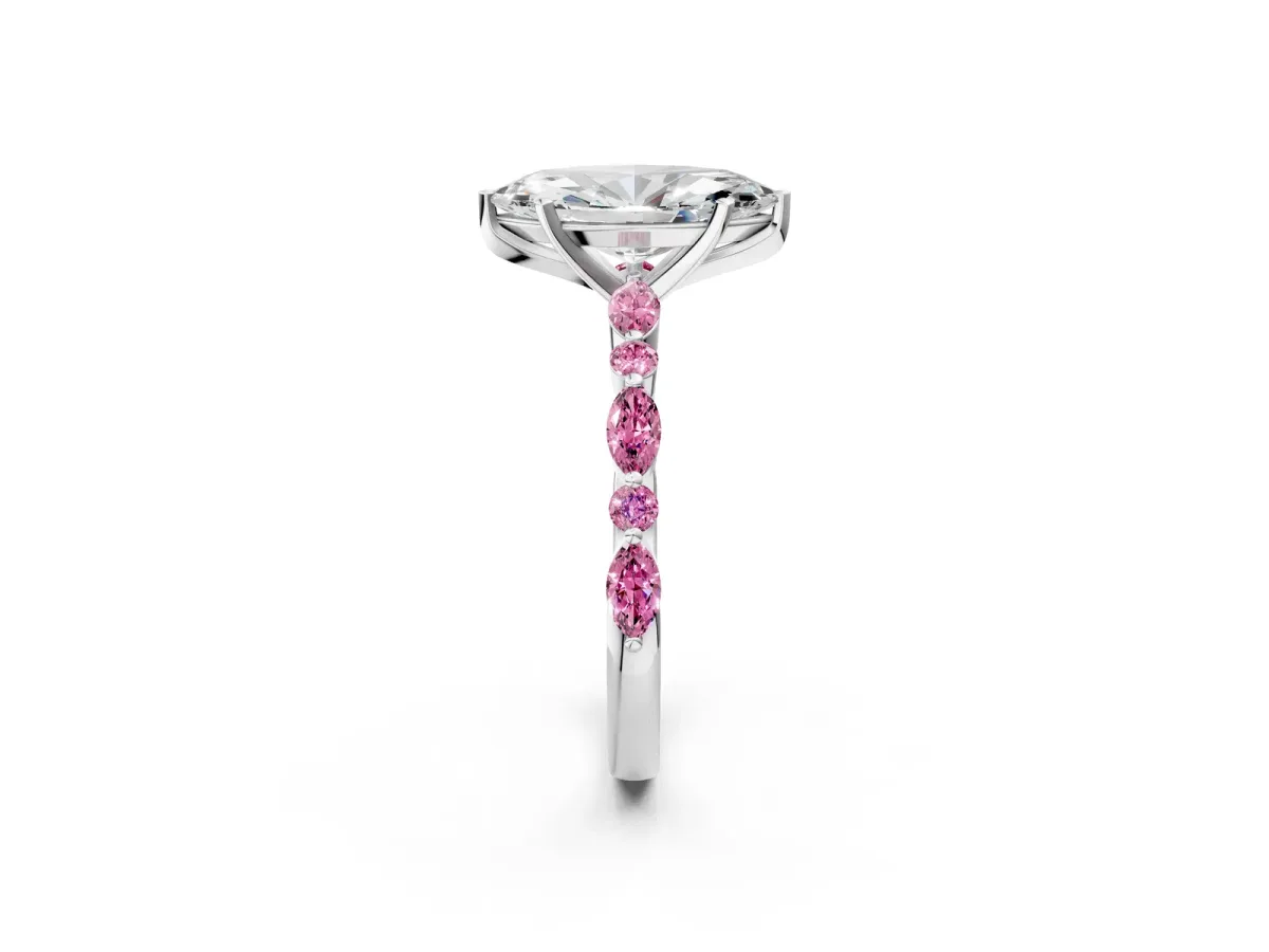 Marquise Cut Diamond Ring with Marquise and Round Pink Sapphire Side Stones and Four-Prong Setting Platinum