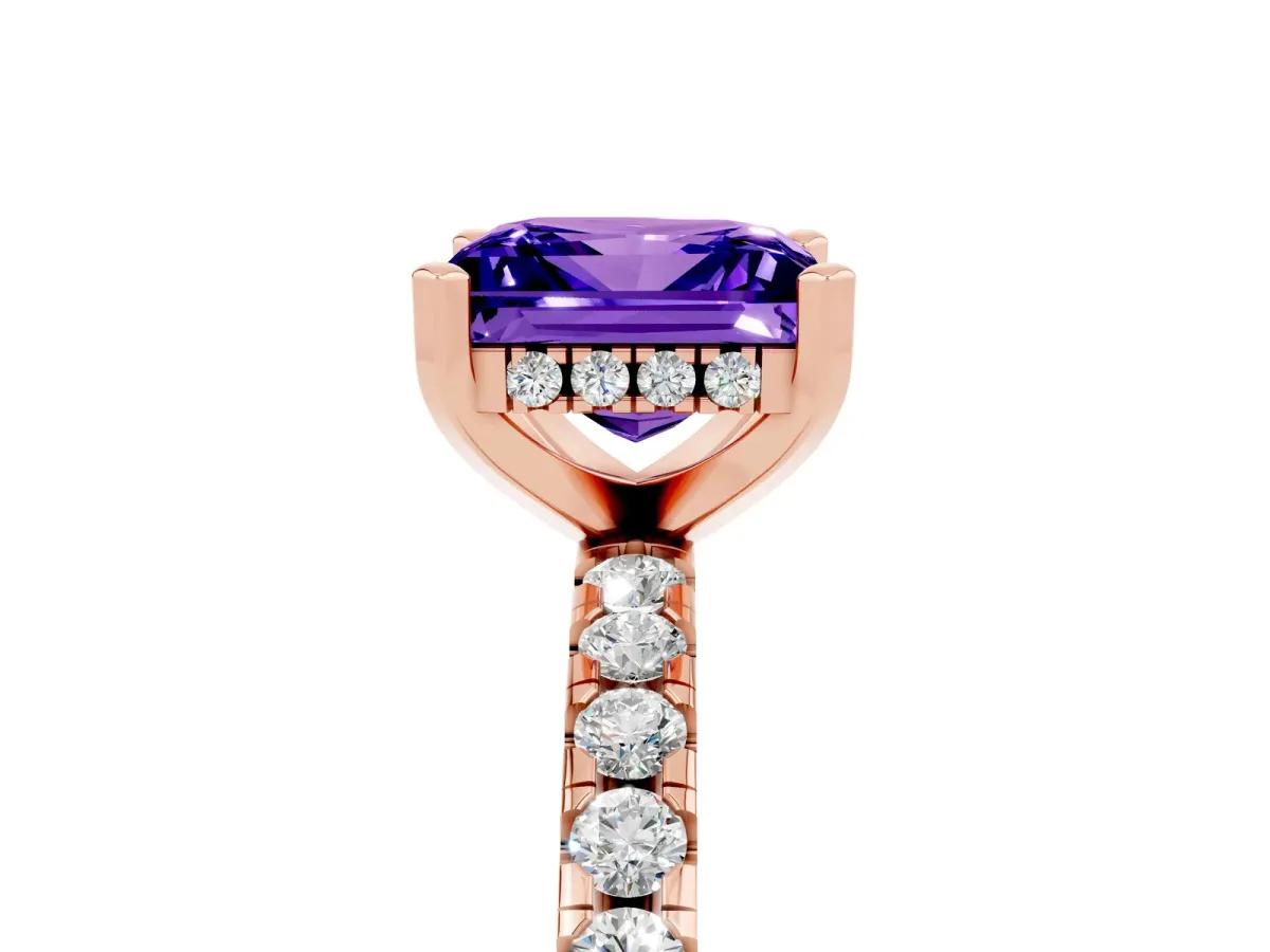 Princess Cut Tanzanite Solitaire Ring with Round Pavé Band and Four-Prong Setting Rose gold