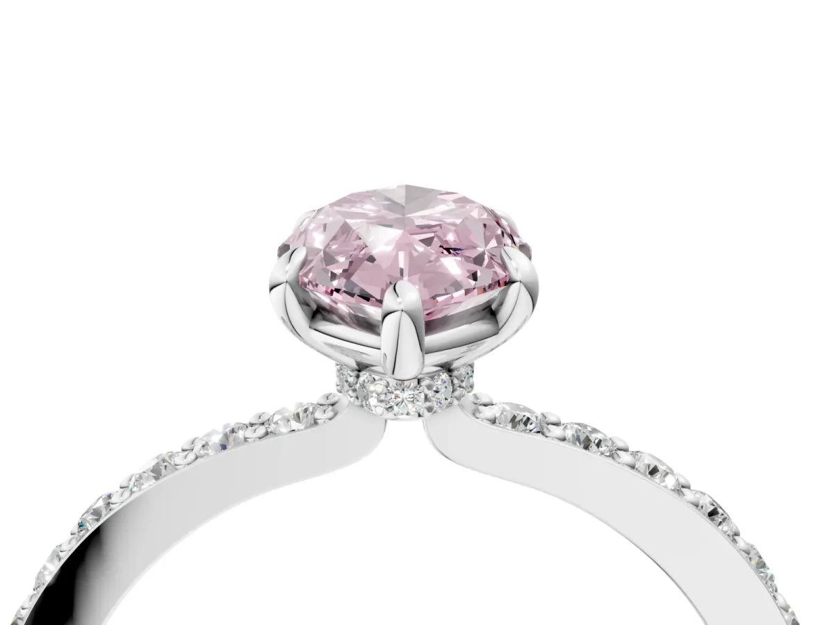 Fancy Pink Marquise Cut Diamond Solitaire Engagement Ring with Pavé Band and Four-Prong Setting White gold