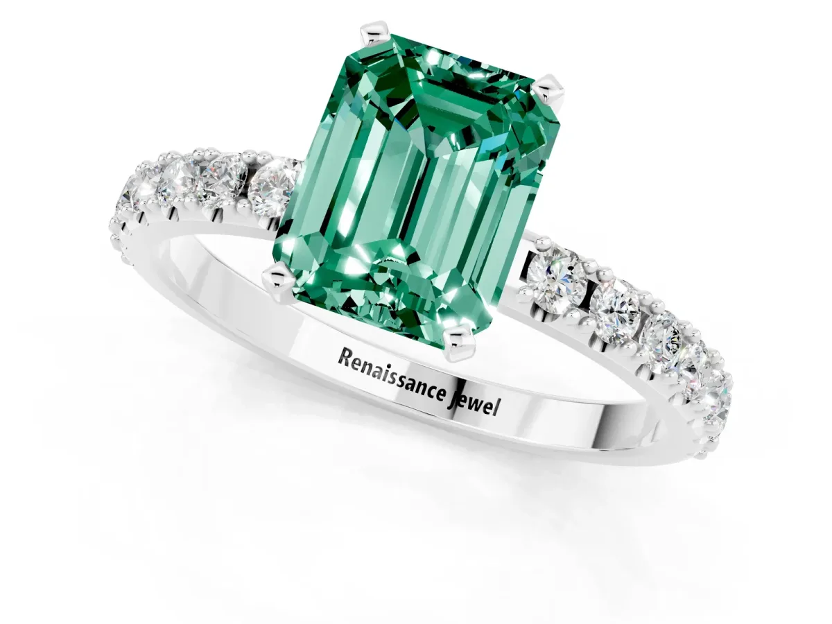 Emerald Cut Green Sapphire Solitaire Pavé Band with Four-Prong Setting Platinum