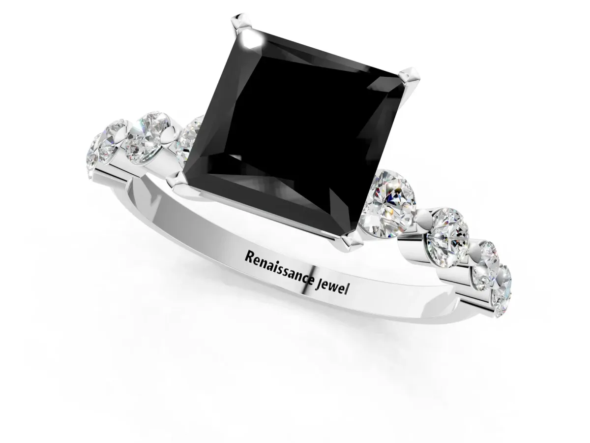 Fancy Black Princess Cut Solitaire Diamond Ring with Pave Band and Four-Prong Setting Silver