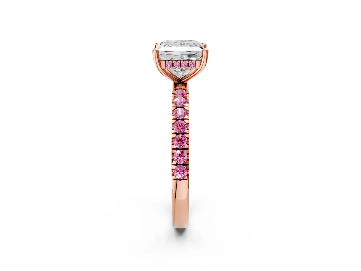 Princess Cut Diamond Pave Band Solitaire Ring with Round Pink Sapphire and Prong Setting Rose gold