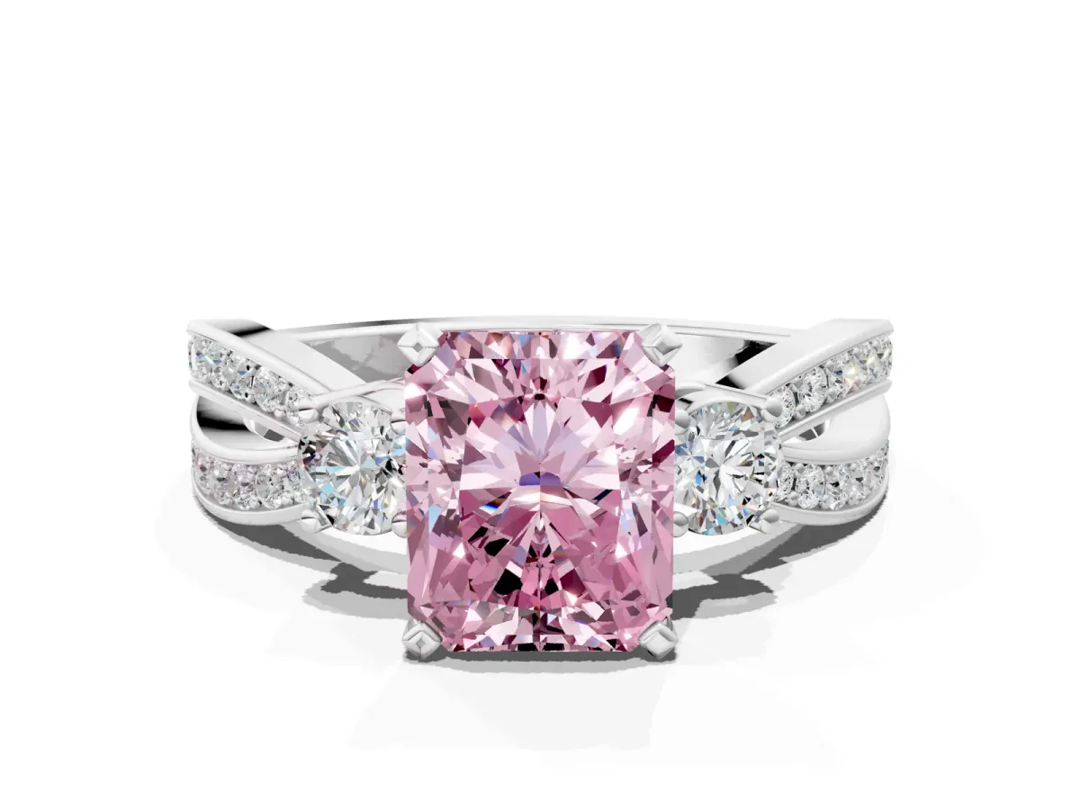 Fancy Pink Three-Stone Radiant Cut Cut Diamond Twist Band with Prong Setting Platinum