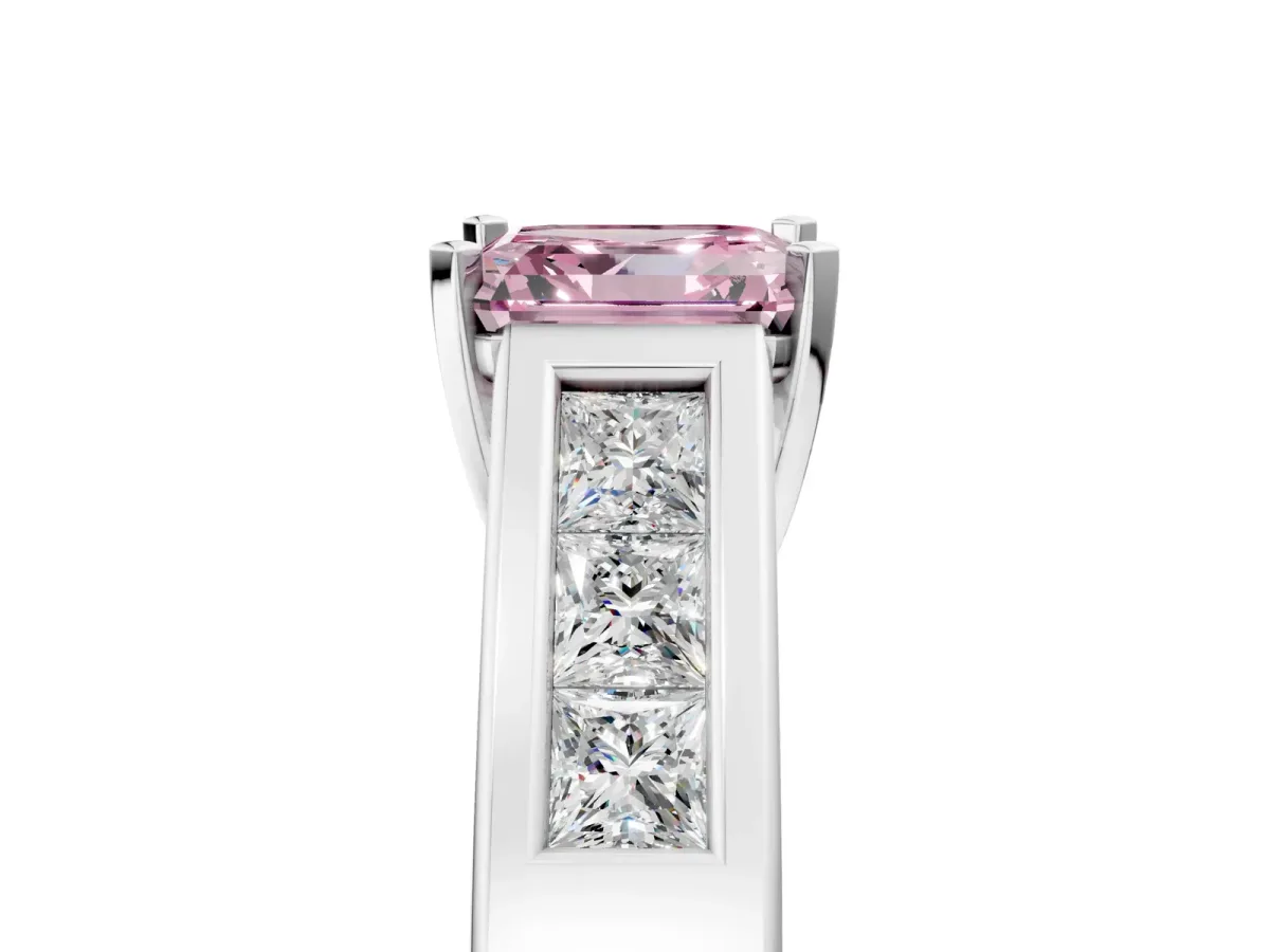 Fancy Pink Asscher Cut Cut Channel Set Solitaire Ring with Four-Prong Setting White gold