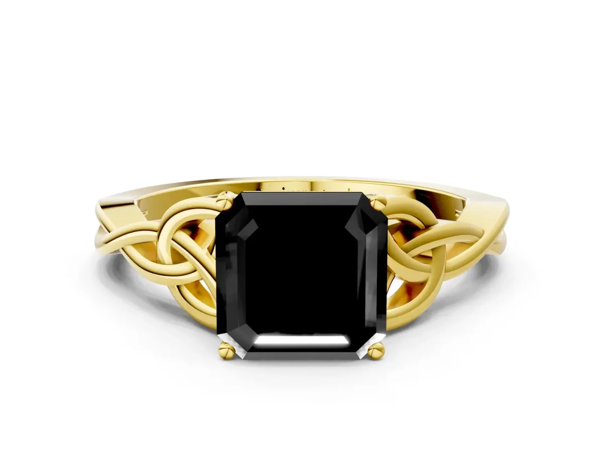 Fancy Black Asscher Cut Diamond Solitaire Engagement Ring with Celtic Knot Band and Four-Prong Setting Yellow gold