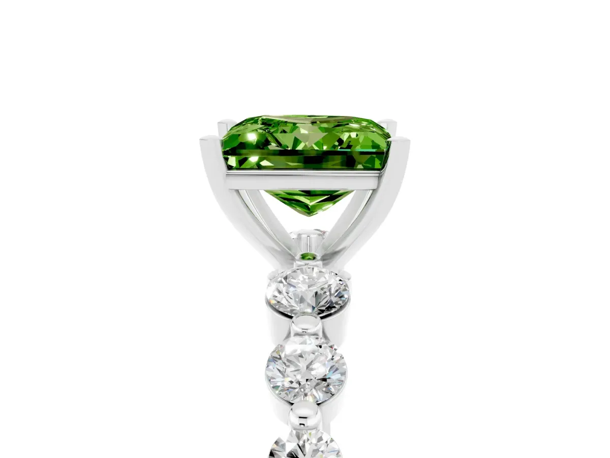 Princess Cut Solitaire Peridot Ring with Pave Band and Four-Prong Setting Silver