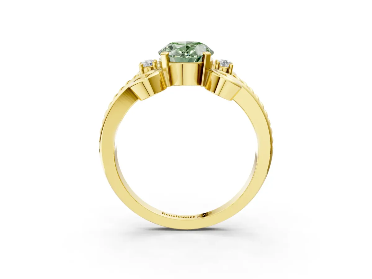 Fancy Green Oval Cut Solitaire Twisted Band Scroll Prong Ring Yellow gold