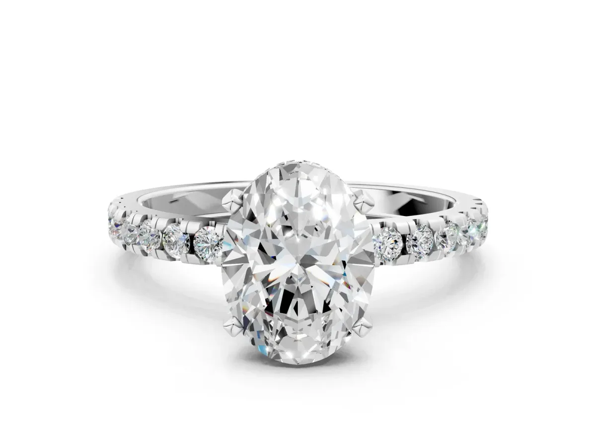 Oval Cut Diamond Solitaire Ring with Round Pavé Band and Four-Prong Setting Platinum