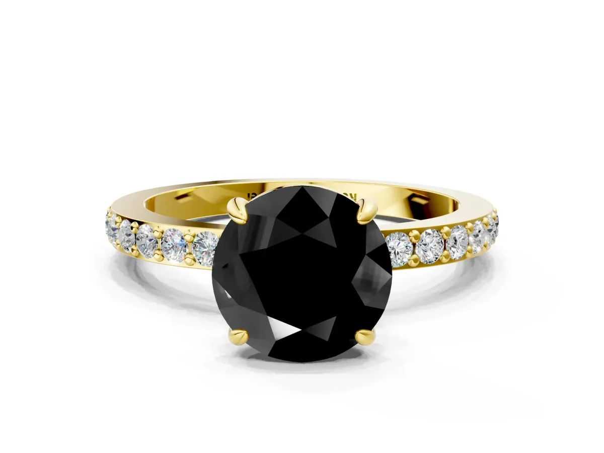 Fancy Black Round Cut Diamond Solitaire Engagement Ring with Pavé Band and Four-Prong Setting Yellow gold